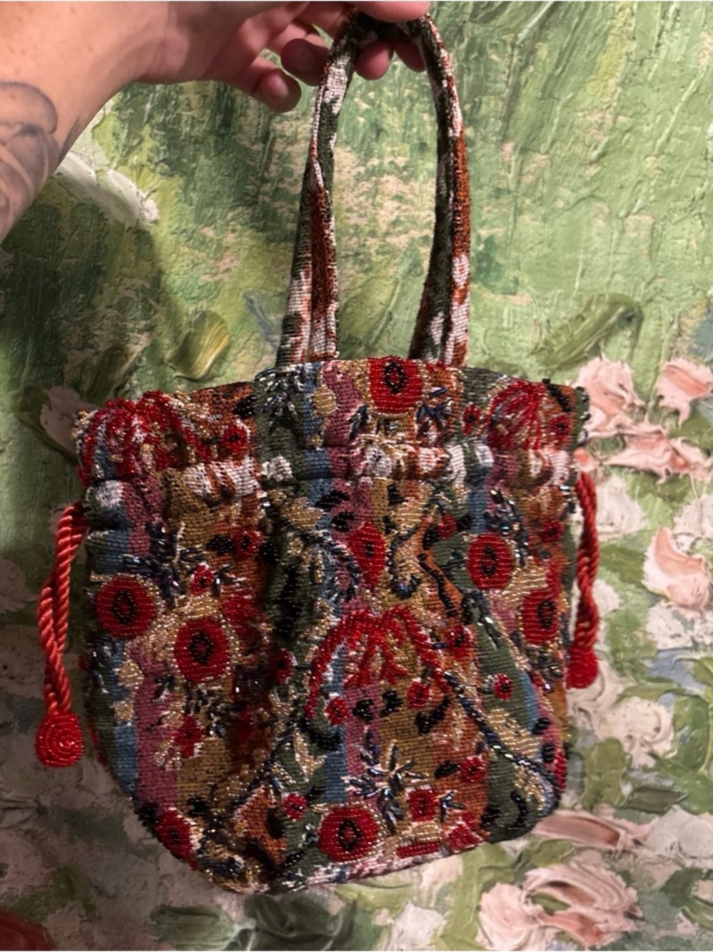 Embroidered Multicolor Mini Beaded Drawstring Tote - Red Accent